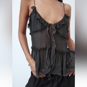 Zara Ruffle Semi-Sheer Tie Top